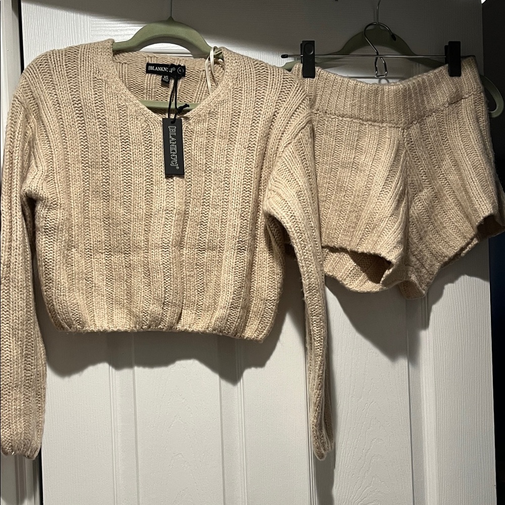 Blank NYC Beige Knit Sweater & Short Set